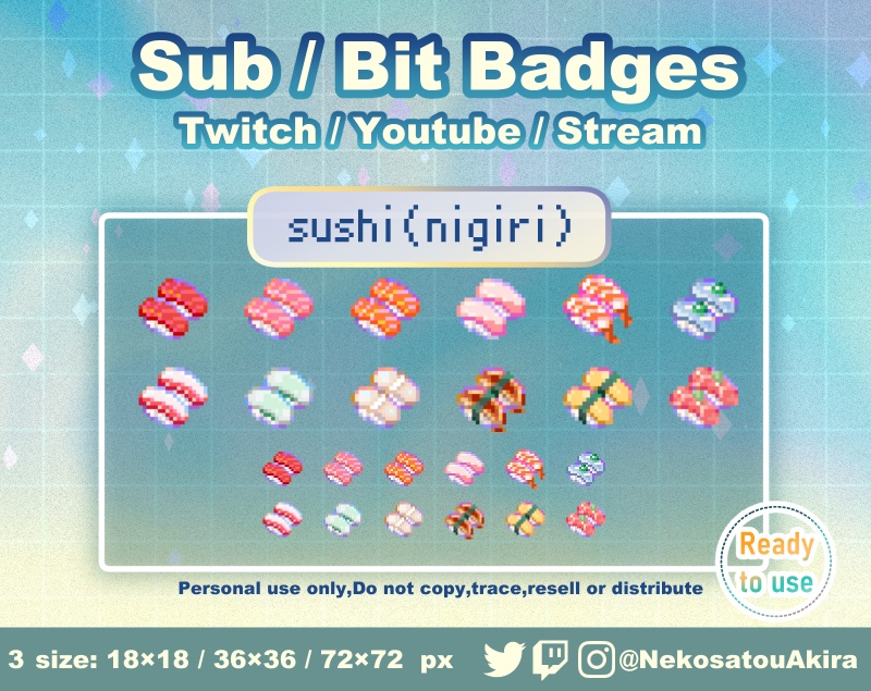 ドット絵「寿司(握り)」バッジ Twitch Sub Badges x12 - Bit Badges / Pixel Art / Cute sub badges / Kawaii / Streamer