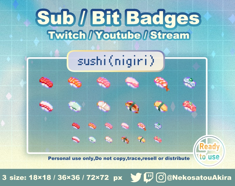 ドット絵「寿司(握り)」バッジ Twitch Sub Badges x12 - Bit Badges / Pixel Art / Cute sub badges / Kawaii / Streamer