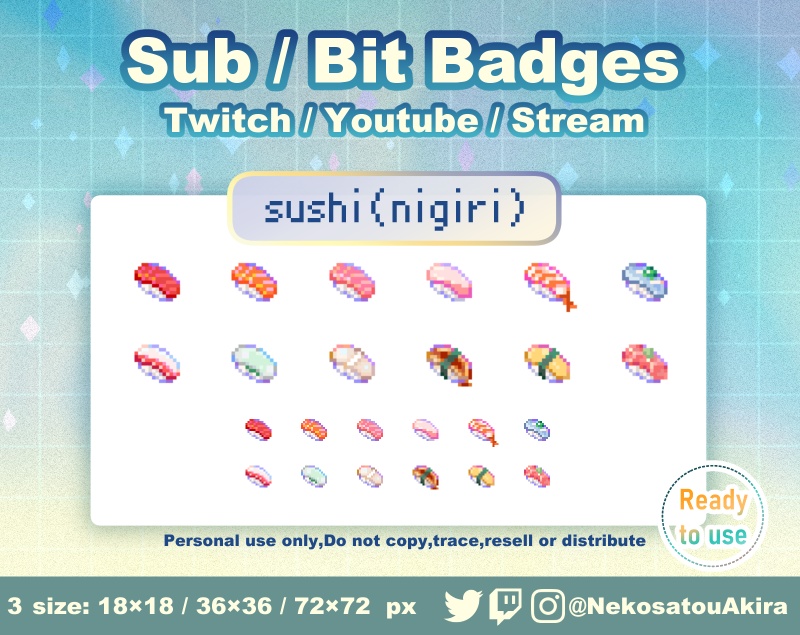 ドット絵「寿司(握り)」バッジ Twitch Sub Badges x12 - Bit Badges / Pixel Art / Cute sub badges / Kawaii / Streamer