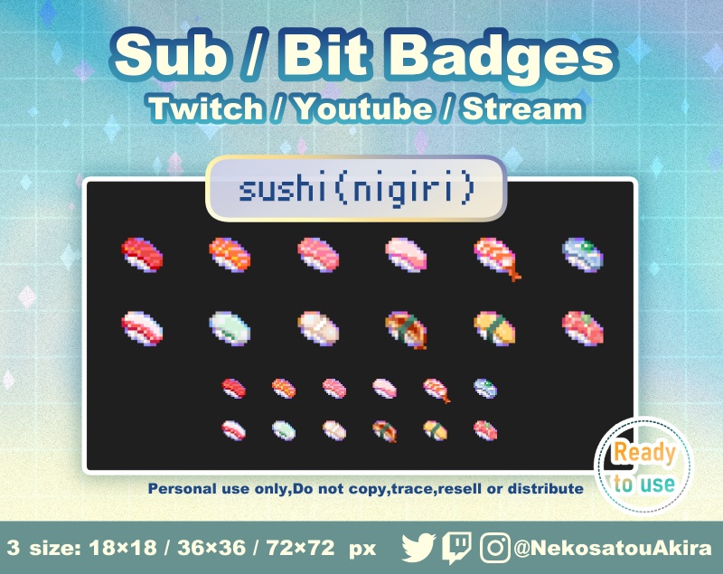 ドット絵「寿司(握り)」バッジ Twitch Sub Badges x12 - Bit Badges / Pixel Art / Cute sub badges / Kawaii / Streamer