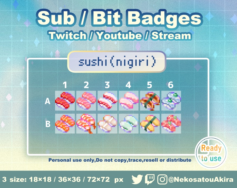 ドット絵「寿司(握り)」バッジ Twitch Sub Badges x12 - Bit Badges / Pixel Art / Cute sub badges / Kawaii / Streamer