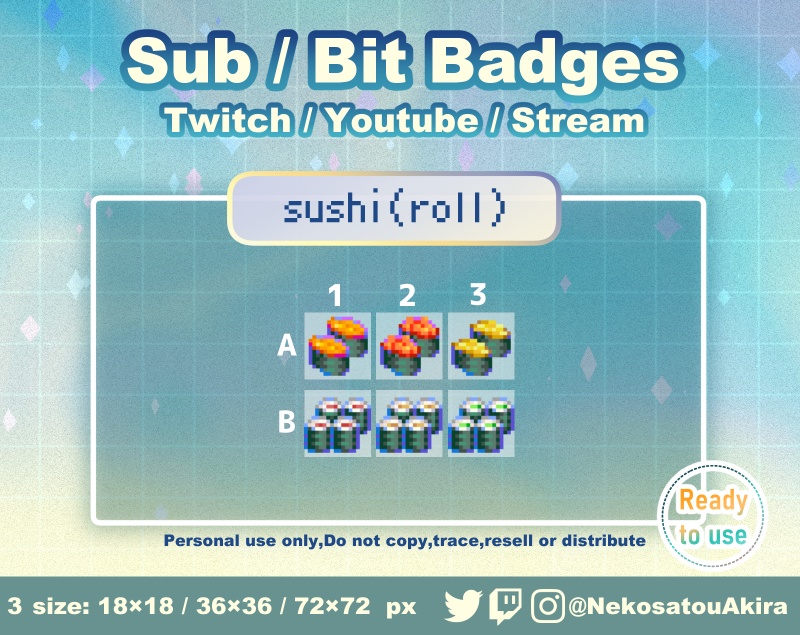 ドット絵「寿司(巻き物)」バッジ Twitch Sub Badges x6 - Bit Badges / Pixel Art / Cute sub badges / Kawaii / Streamer