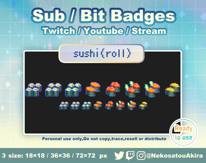 ドット絵「寿司(巻き物)」バッジ Twitch Sub Badges x6 - Bit Badges / Pixel Art / Cute sub badges / Kawaii / Streamer