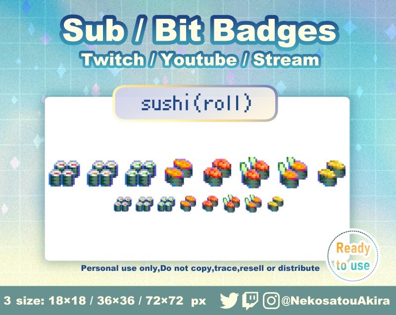 ドット絵「寿司(巻き物)」バッジ Twitch Sub Badges x6 - Bit Badges / Pixel Art / Cute sub badges / Kawaii / Streamer