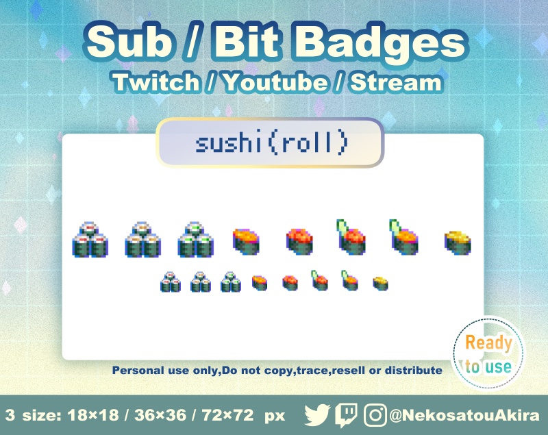 ドット絵「寿司(巻き物)」バッジ Twitch Sub Badges x6 - Bit Badges / Pixel Art / Cute sub badges / Kawaii / Streamer