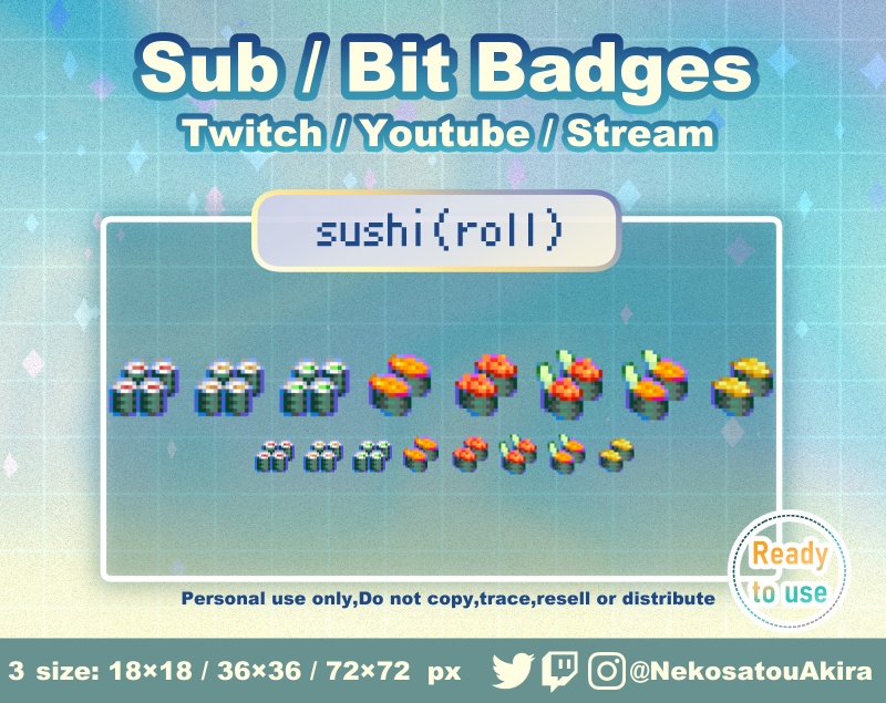 ドット絵「寿司（巻き物）」バッジ　Twitch Sub Badges x6 - Bit Badges / Pixel Art / Cute sub badges / Kawaii / Streamer