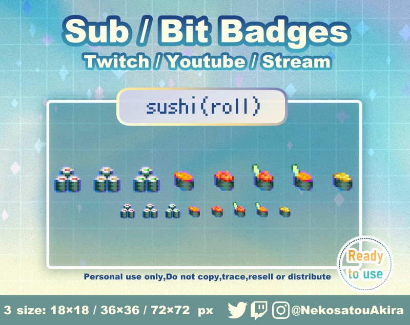 ドット絵「寿司(巻き物)」バッジ Twitch Sub Badges x6 - Bit Badges / Pixel Art / Cute sub badges / Kawaii / Streamer