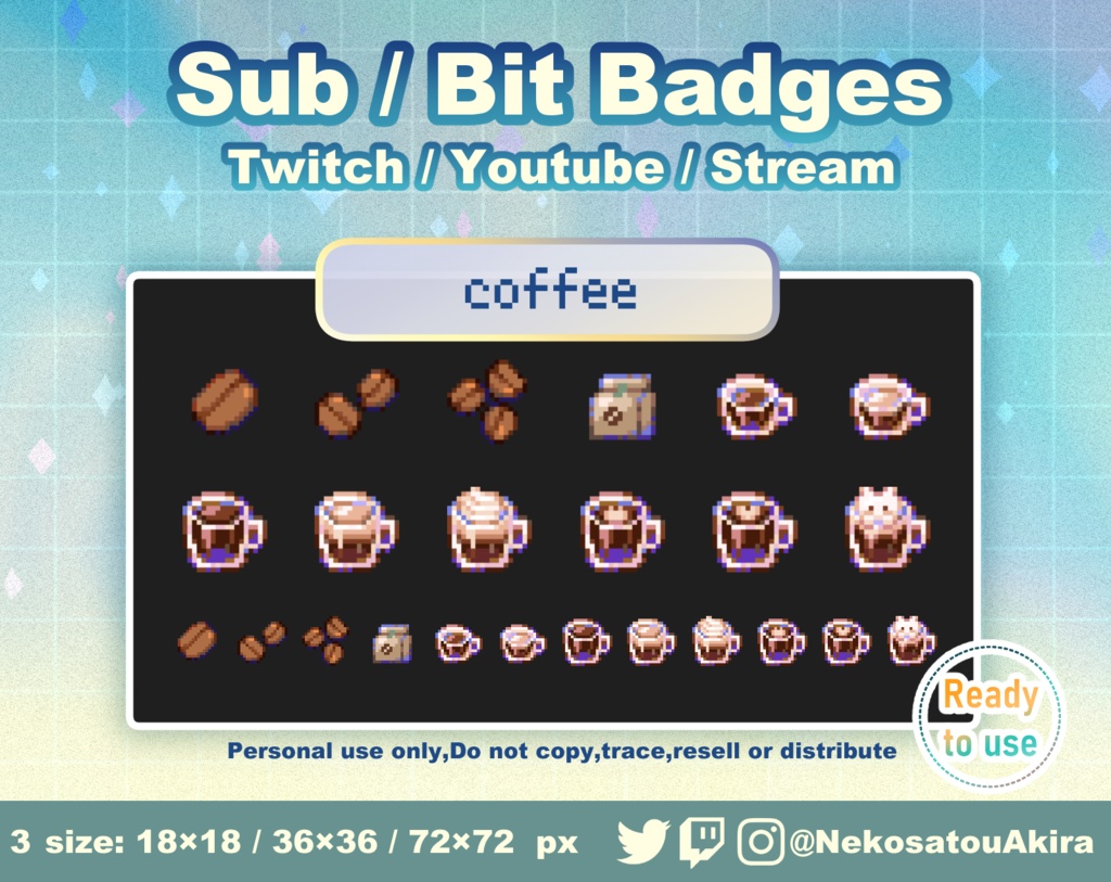 ドット絵「コーヒー」バッジ Twitch Sub Badges x12 - Bit Badges / Pixel Art / Cute sub badges / Kawaii / Streamer