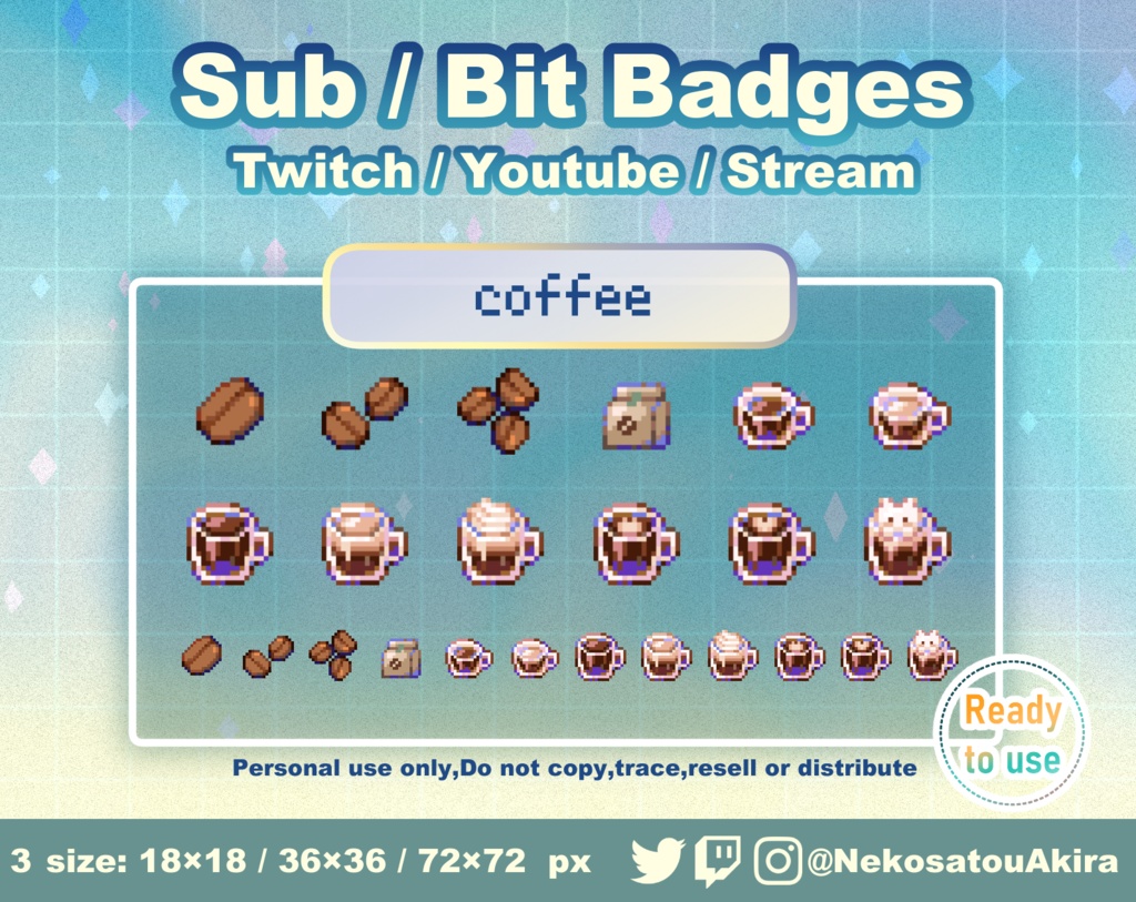 ドット絵「コーヒー」バッジ　Twitch Sub Badges x12 - Bit Badges / Pixel Art / Cute sub badges / Kawaii / Streamer
