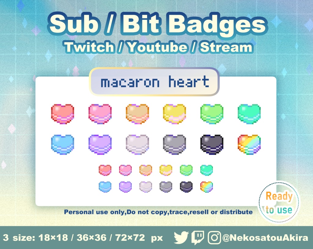 ドット絵「ハートマカロン」バッジ Twitch Sub Badges x12 - Bit Badges / Pixel Art / Cute sub badges / Kawaii / Streamer