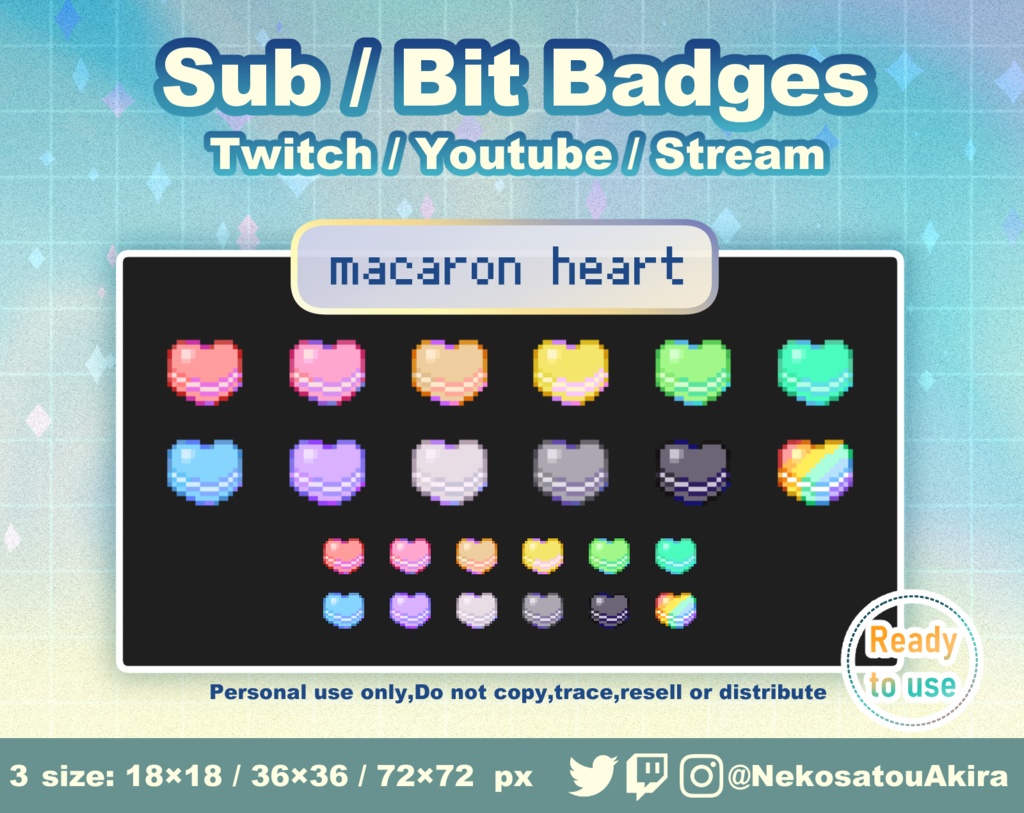 ドット絵「ハートマカロン」バッジ Twitch Sub Badges x12 - Bit Badges / Pixel Art / Cute sub badges / Kawaii / Streamer