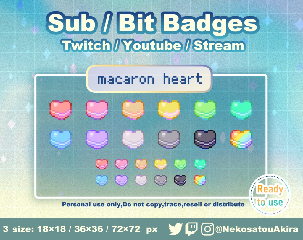 ドット絵「ハートマカロン」バッジ　Twitch Sub Badges x12 - Bit Badges / Pixel Art / Cute sub badges / Kawaii / Streamer