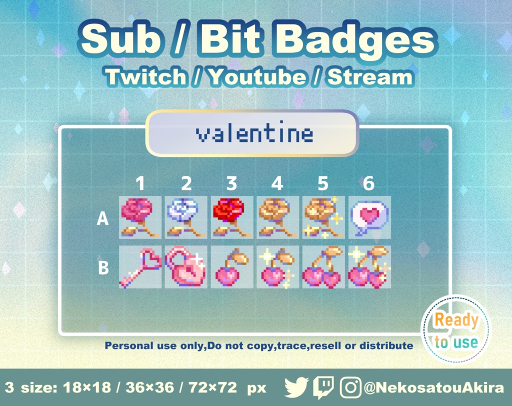 ドット絵「バレンタイン」バッジ Twitch Sub Badges x12 - Bit Badges / Pixel Art / Cute sub badges / Kawaii / Streamer