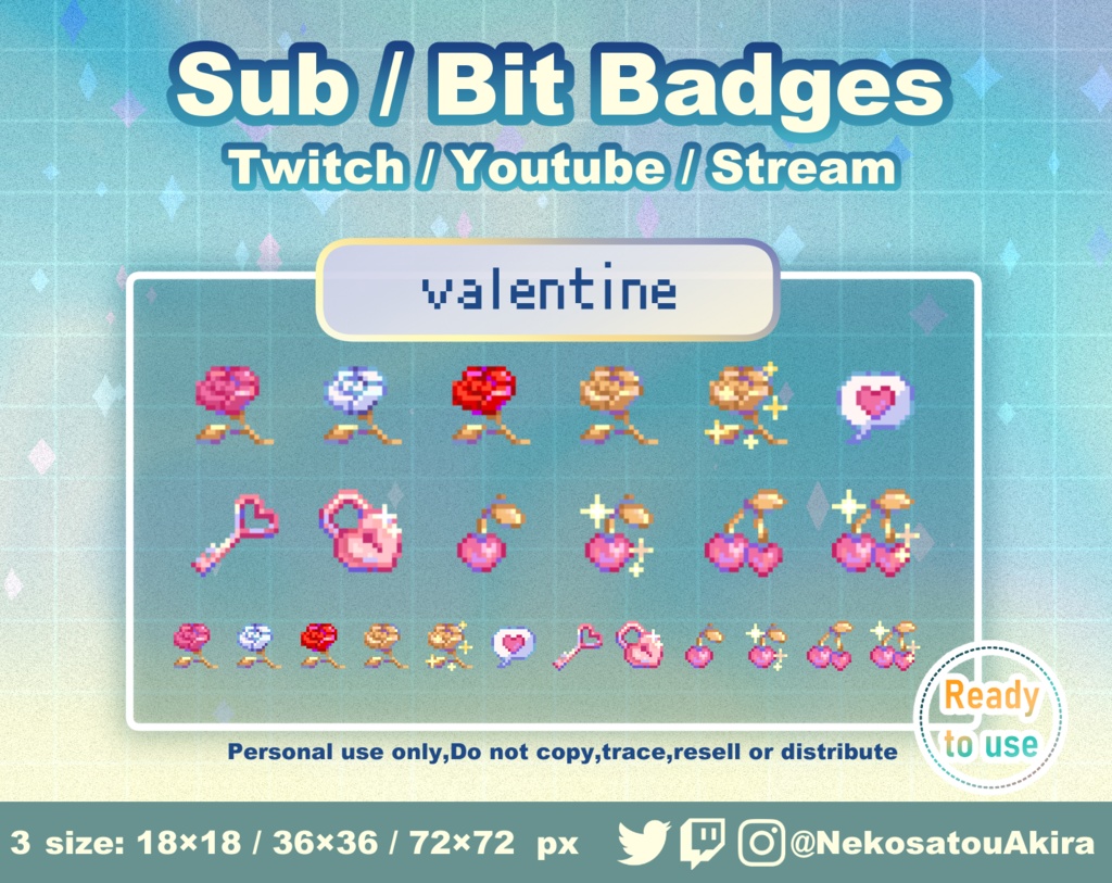 ドット絵「バレンタイン」バッジ　Twitch Sub Badges x12 - Bit Badges / Pixel Art / Cute sub badges / Kawaii / Streamer