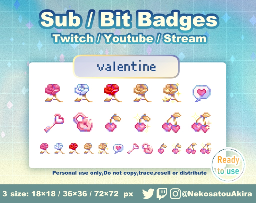 ドット絵「バレンタイン」バッジ Twitch Sub Badges x12 - Bit Badges / Pixel Art / Cute sub badges / Kawaii / Streamer