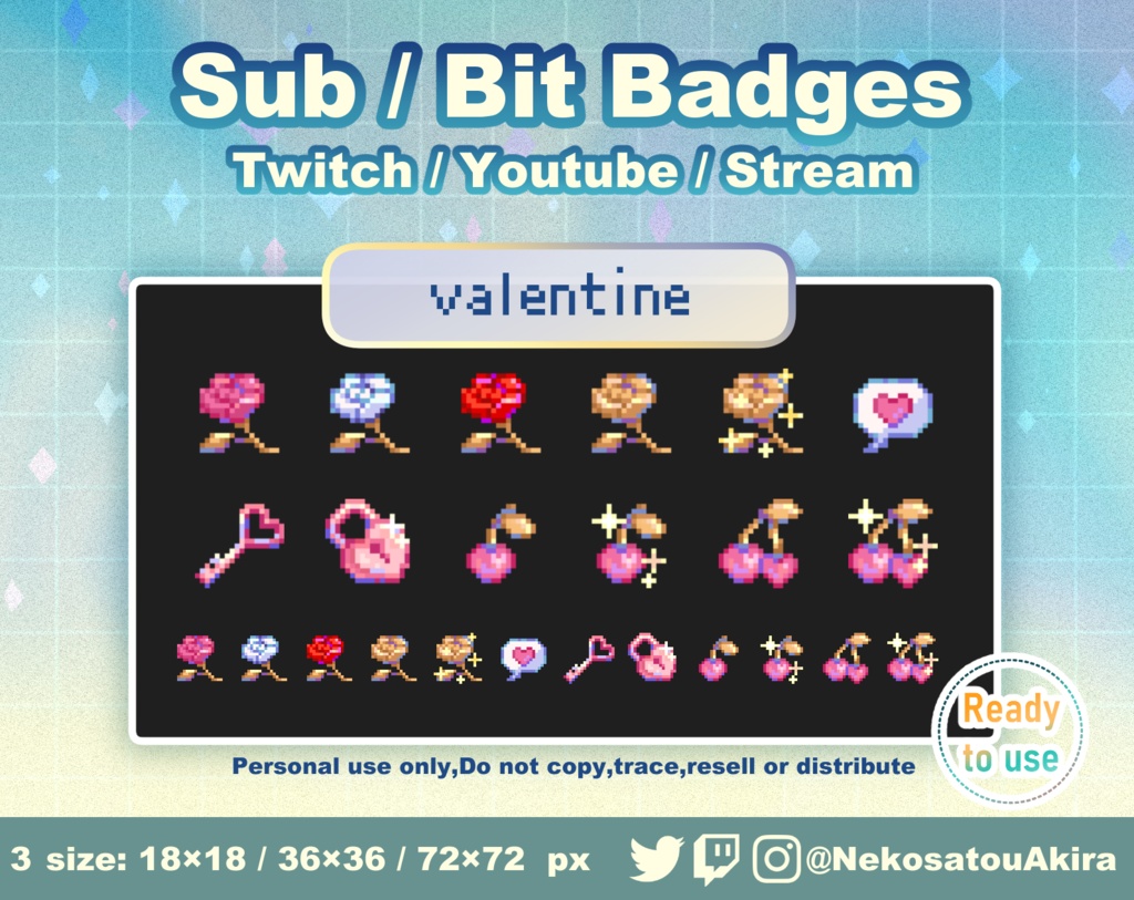ドット絵「バレンタイン」バッジ Twitch Sub Badges x12 - Bit Badges / Pixel Art / Cute sub badges / Kawaii / Streamer