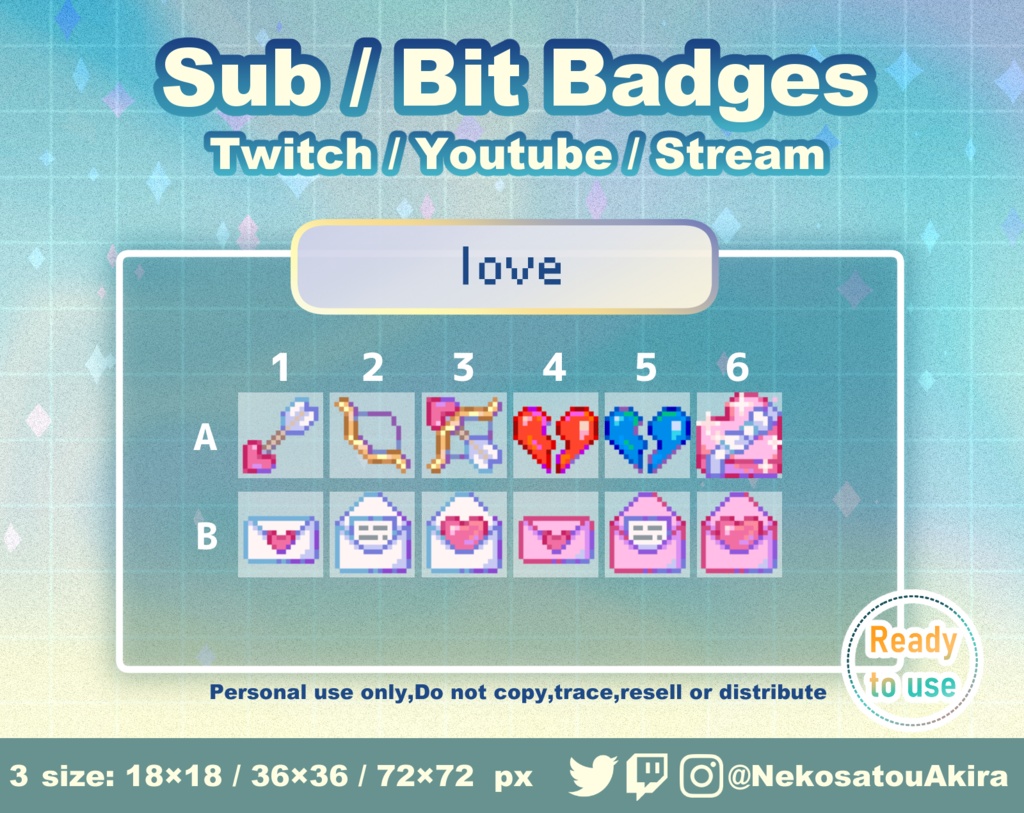 ドット絵「ラブ」バッジ Twitch Sub Badges x12 - Bit Badges / Pixel Art / Cute sub badges / Kawaii / Streamer