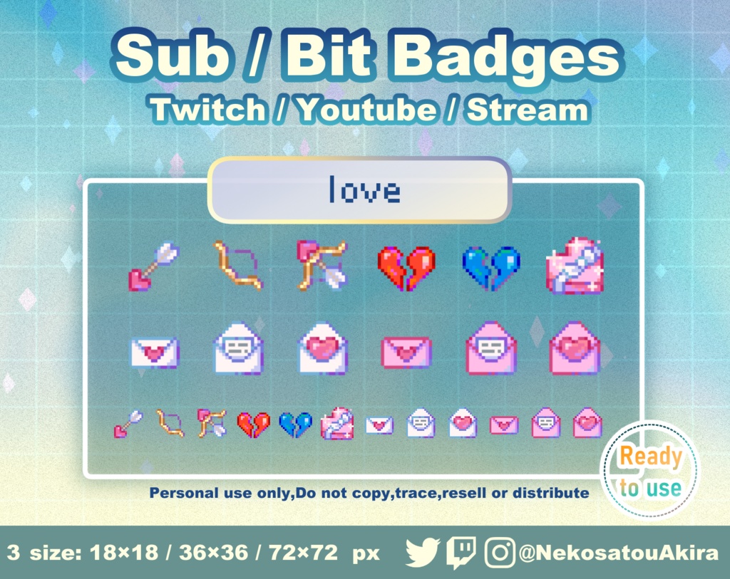 ドット絵「ラブ」バッジ　Twitch Sub Badges x12 - Bit Badges / Pixel Art / Cute sub badges / Kawaii / Streamer