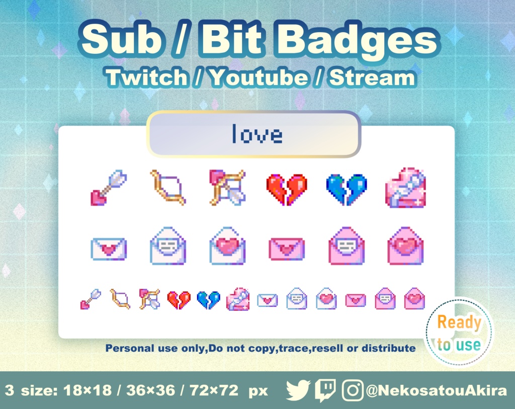 ドット絵「ラブ」バッジ Twitch Sub Badges x12 - Bit Badges / Pixel Art / Cute sub badges / Kawaii / Streamer