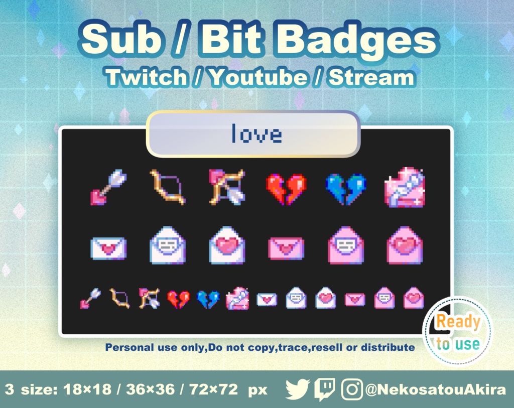 ドット絵「ラブ」バッジ Twitch Sub Badges x12 - Bit Badges / Pixel Art / Cute sub badges / Kawaii / Streamer