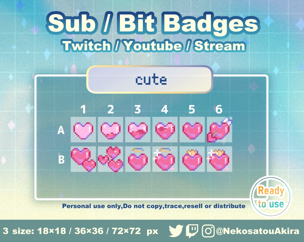 ドット絵「キュート」バッジ Twitch Sub Badges x12 - Bit Badges / Pixel Art / Cute sub badges / Kawaii / Streamer
