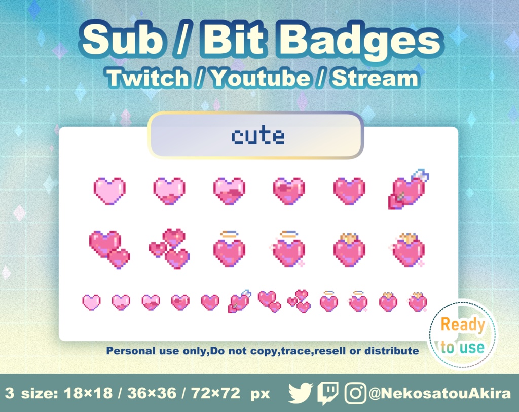 ドット絵「キュート」バッジ Twitch Sub Badges x12 - Bit Badges / Pixel Art / Cute sub badges / Kawaii / Streamer