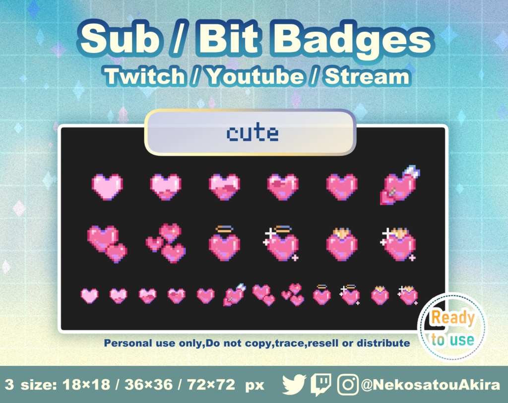 ドット絵「キュート」バッジ Twitch Sub Badges x12 - Bit Badges / Pixel Art / Cute sub badges / Kawaii / Streamer