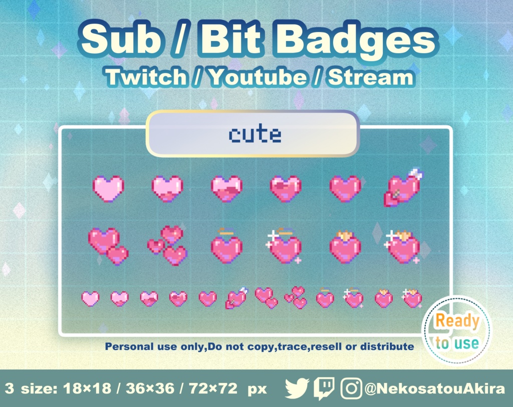 ドット絵「キュート」バッジ Twitch Sub Badges x12 - Bit Badges / Pixel Art / Cute sub badges / Kawaii / Streamer