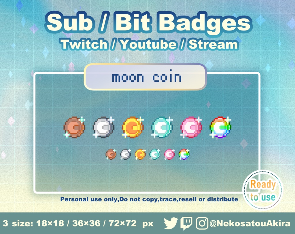 ドット絵「月コイン」バッジ　Twitch Sub Badges x6 - Bit Badges / Pixel Art / Cute sub badges / Kawaii / Streamer