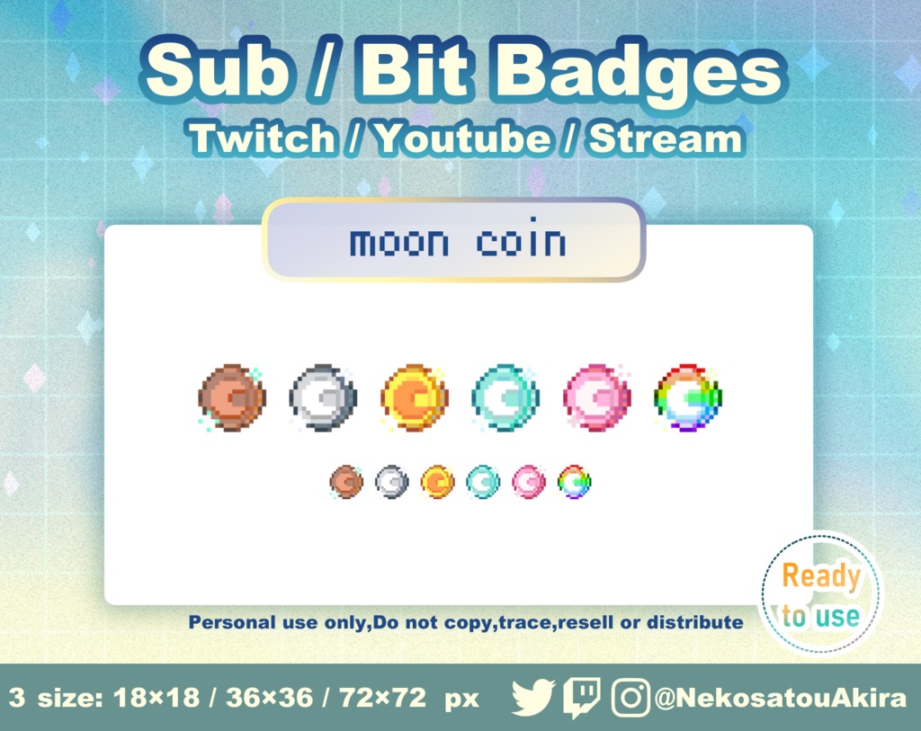 ドット絵「月コイン」バッジ Twitch Sub Badges x6 - Bit Badges / Pixel Art / Cute sub badges / Kawaii / Streamer