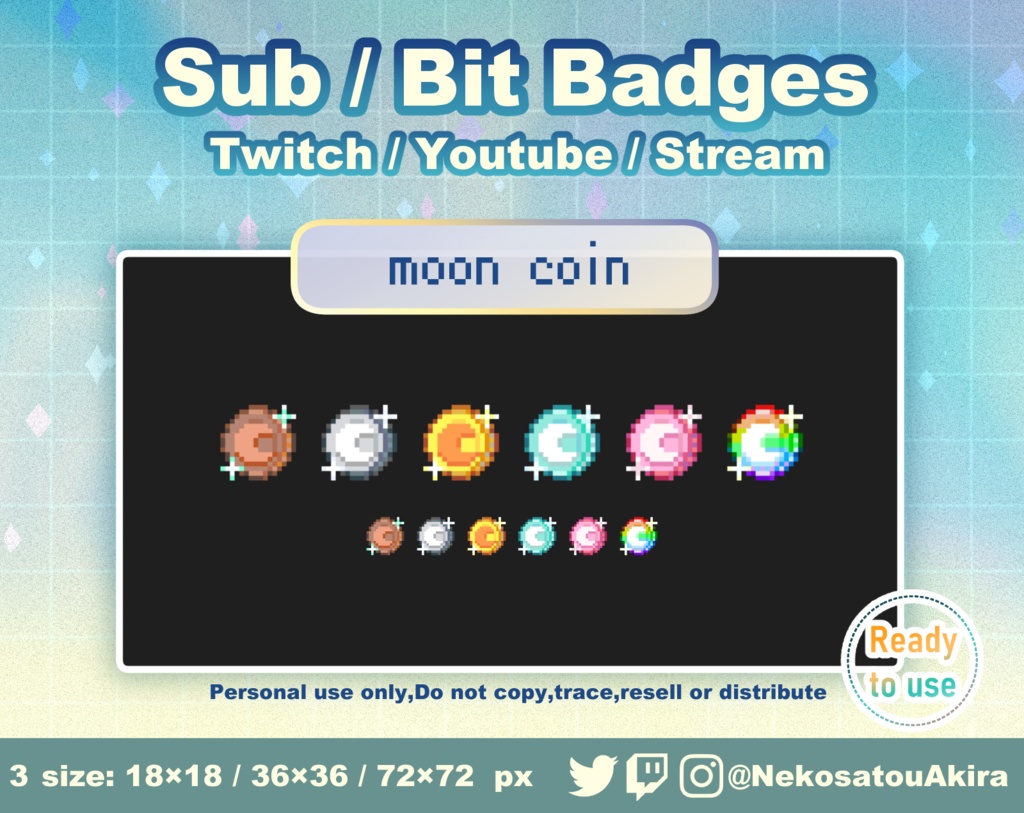 ドット絵「月コイン」バッジ Twitch Sub Badges x6 - Bit Badges / Pixel Art / Cute sub badges / Kawaii / Streamer