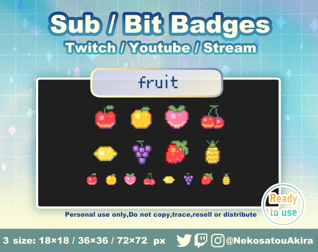 ドット絵「フルーツ」バッジ Twitch Sub Badges x8 - Bit Badges / Pixel Art / Cute sub badges / Kawaii / Streamer