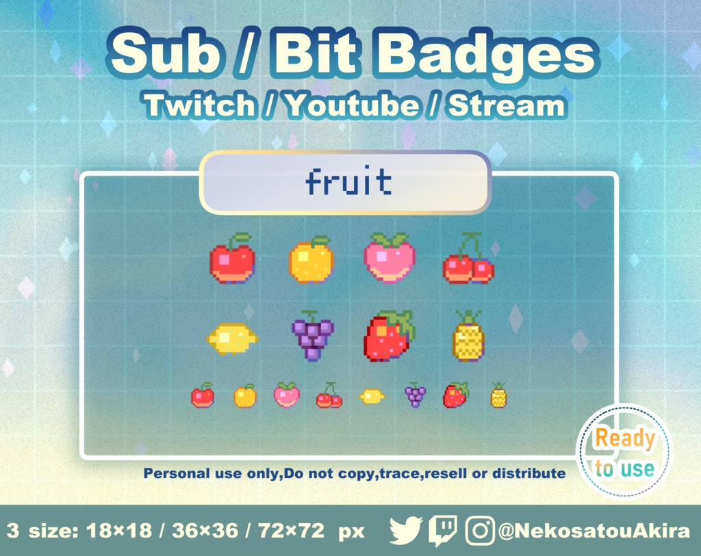 ドット絵「フルーツ」バッジ　Twitch Sub Badges x8 - Bit Badges / Pixel Art / Cute sub badges / Kawaii / Streamer
