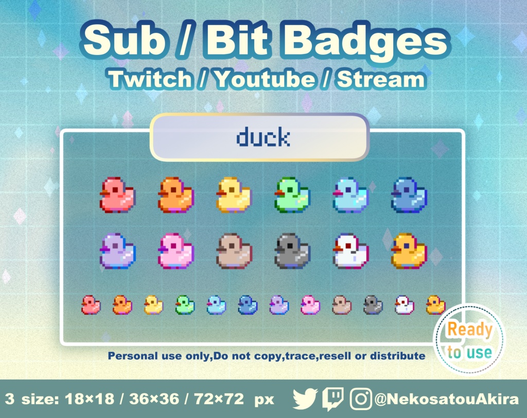 ドット絵「あひる」バッジ Twitch Sub Badges x12 - Bit Badges / Pixel Art / Cute sub badges / Kawaii / Streamer