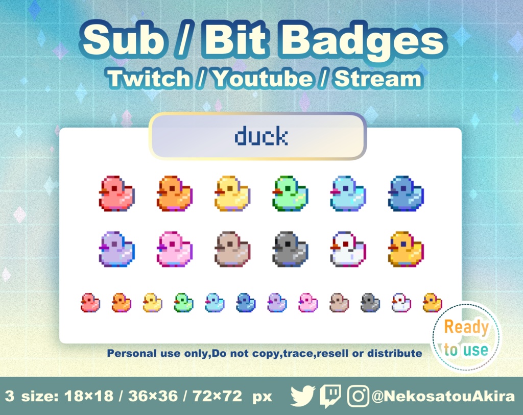 ドット絵「あひる」バッジ Twitch Sub Badges x12 - Bit Badges / Pixel Art / Cute sub badges / Kawaii / Streamer