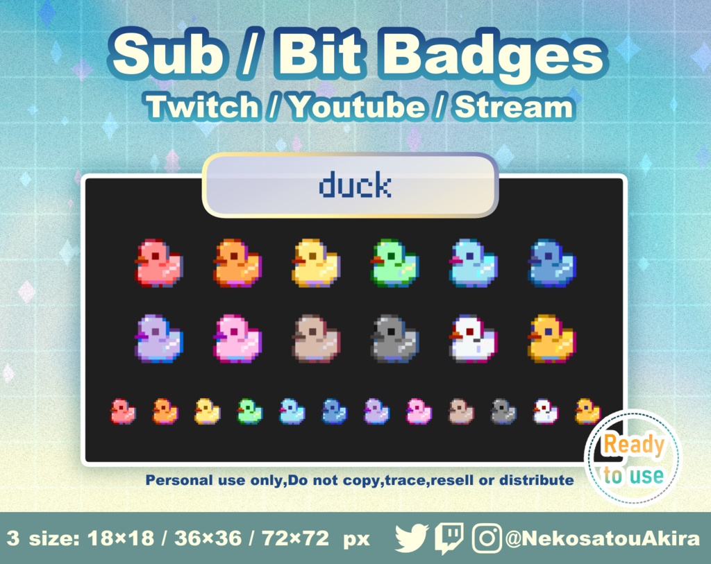 ドット絵「あひる」バッジ Twitch Sub Badges x12 - Bit Badges / Pixel Art / Cute sub badges / Kawaii / Streamer