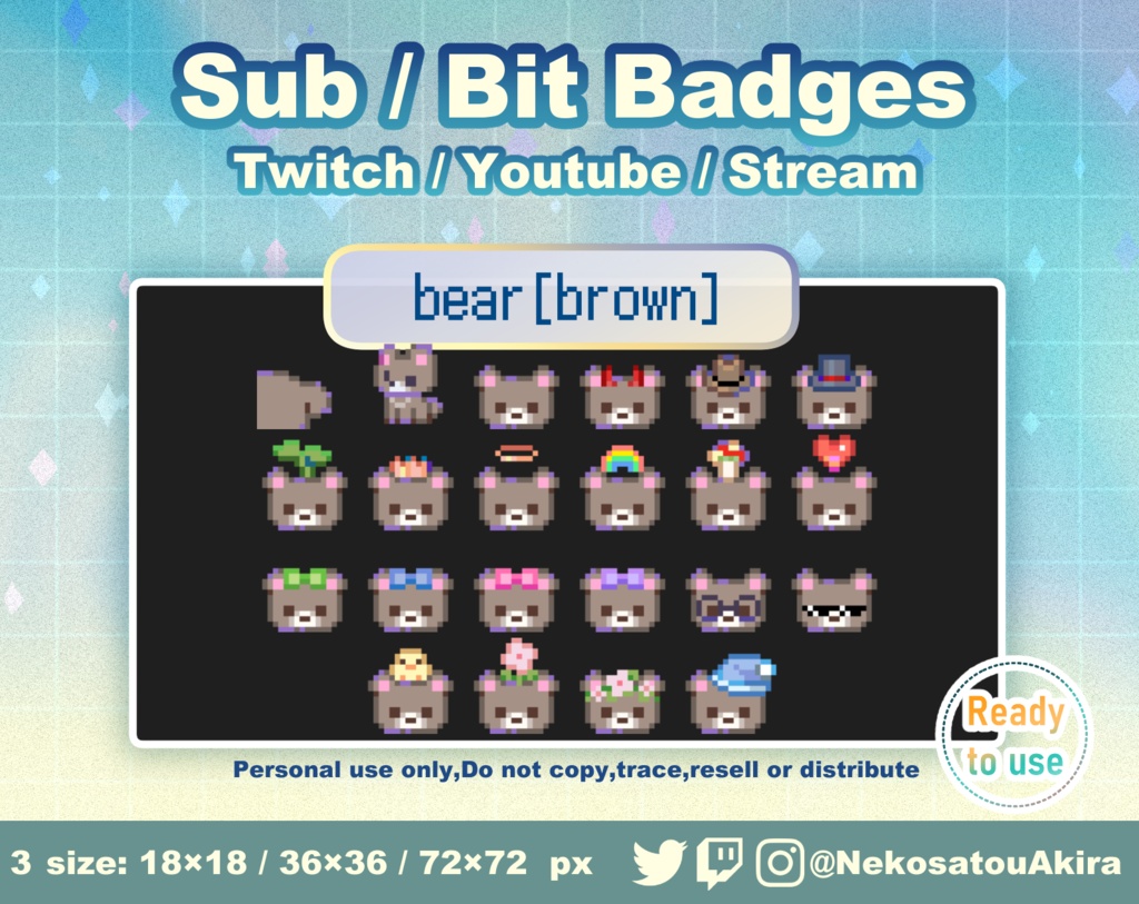 ドット絵「くま」バッジ Twitch Sub Badges x22 - Bit Badges / Pixel Art / Cute sub badges / Kawaii / Streamer
