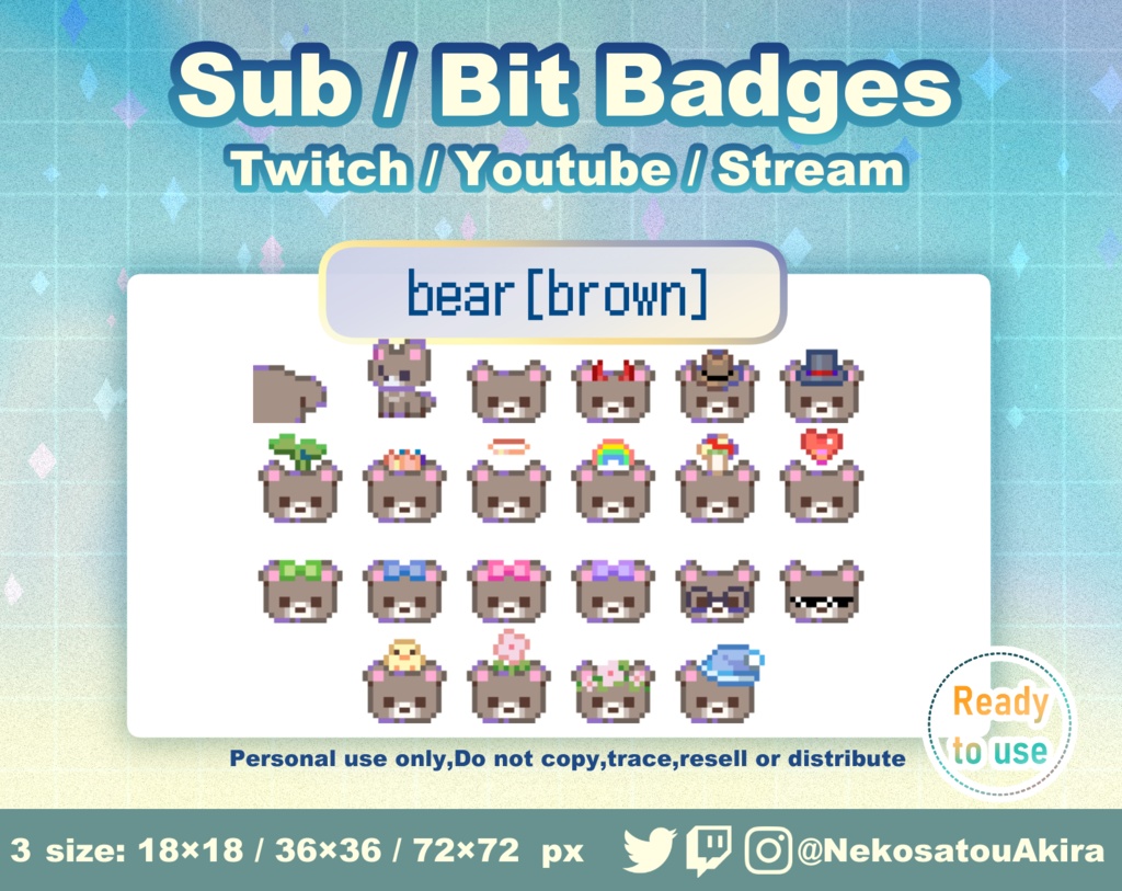 ドット絵「くま」バッジ Twitch Sub Badges x22 - Bit Badges / Pixel Art / Cute sub badges / Kawaii / Streamer