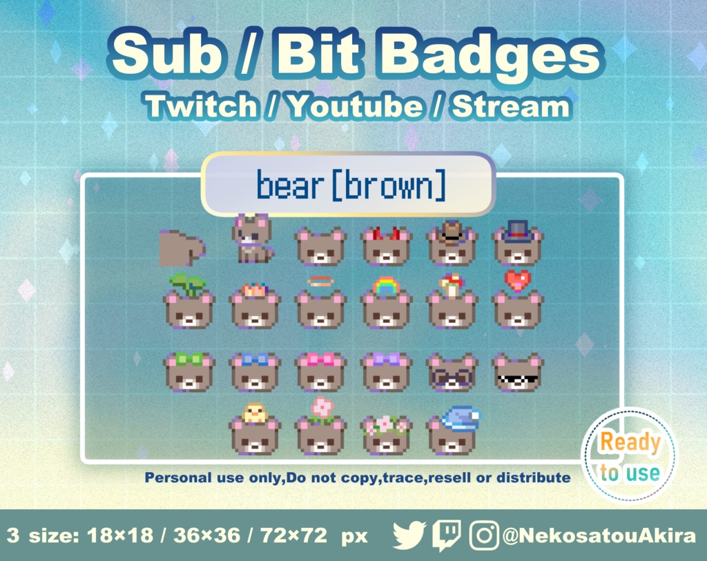 ドット絵「くま」バッジ Twitch Sub Badges x22 - Bit Badges / Pixel Art / Cute sub badges / Kawaii / Streamer