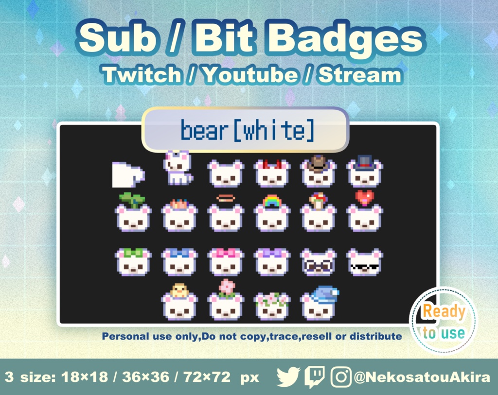 ドット絵「白くま」バッジ Twitch Sub Badges x22 - Bit Badges / Pixel Art / Cute sub badges / Kawaii / Streamer