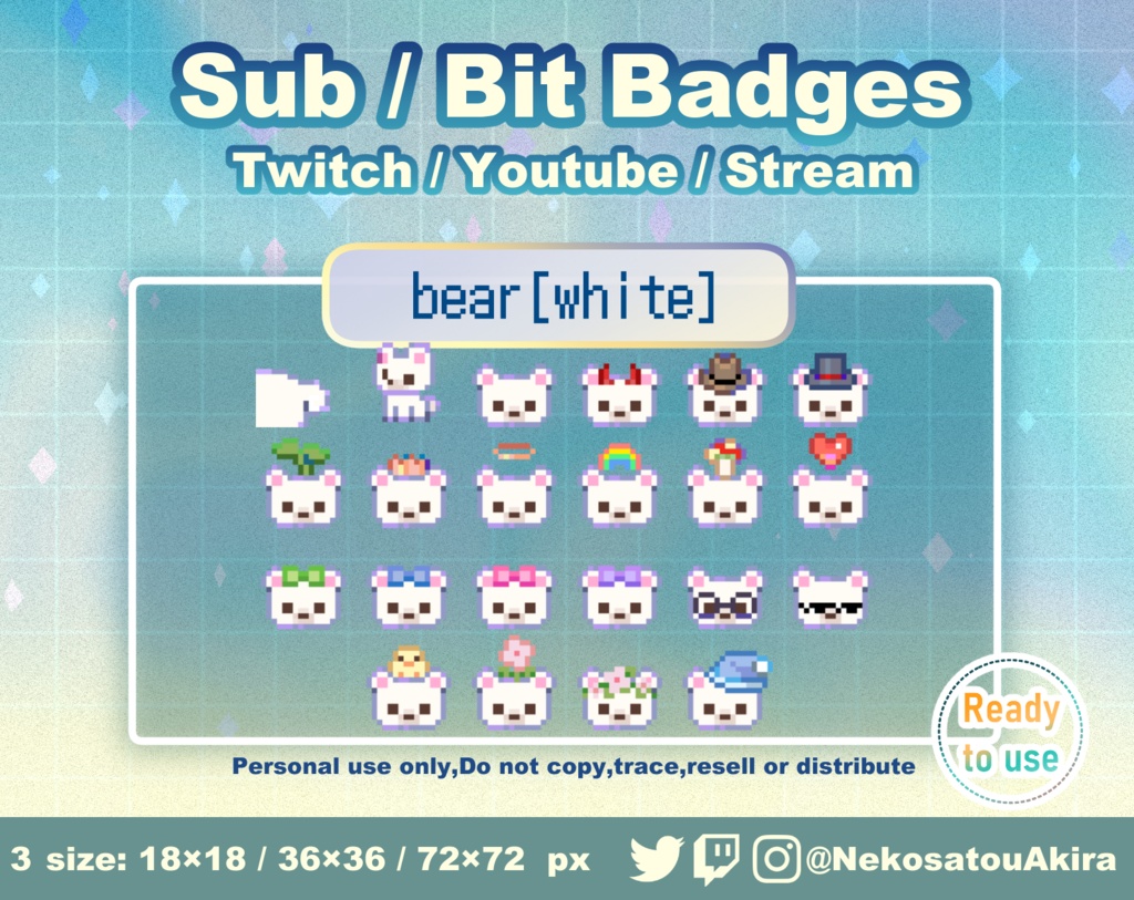 ドット絵「白くま」バッジ　Twitch Sub Badges x22 - Bit Badges / Pixel Art / Cute sub badges / Kawaii / Streamer