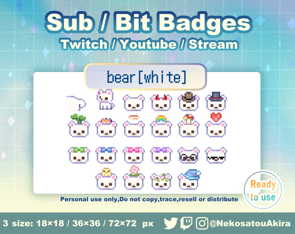 ドット絵「白くま」バッジ Twitch Sub Badges x22 - Bit Badges / Pixel Art / Cute sub badges / Kawaii / Streamer