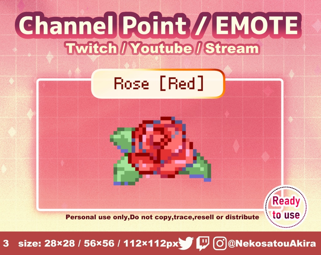 ドット絵「バラ（赤）」エモート・チャンネルポイント　 Twitch emote x1 - channel point icon / Cute emotes / Kawaii / Streamer