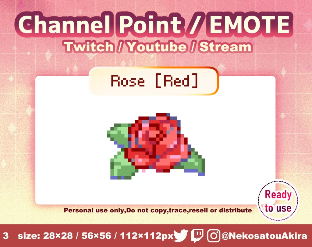 ドット絵「バラ(赤)」エモート・チャンネルポイント Twitch emote x1 - channel point icon / Cute emotes / Kawaii / Streamer