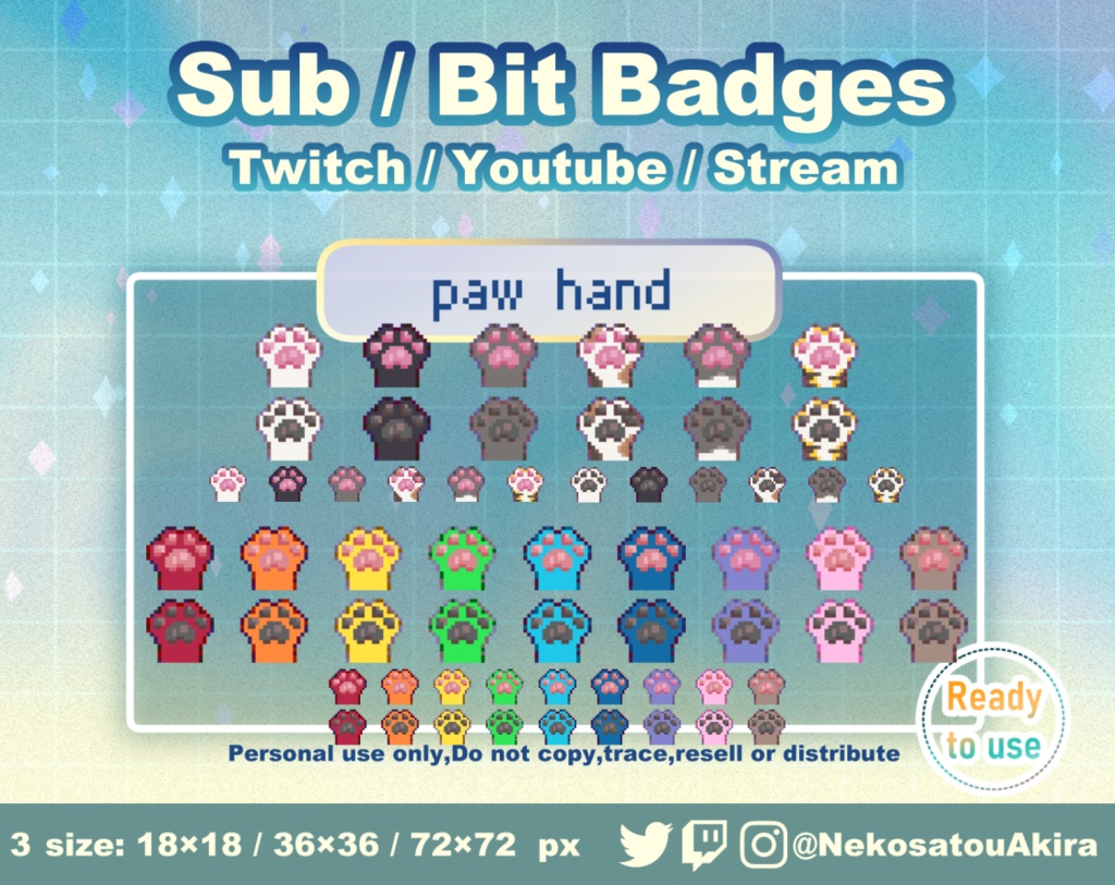 ドット絵「ねこの手」バッジ Twitch Sub Badges x30 - Bit Badges / Pixel Art / Cute sub badges / Kawaii / Streamer