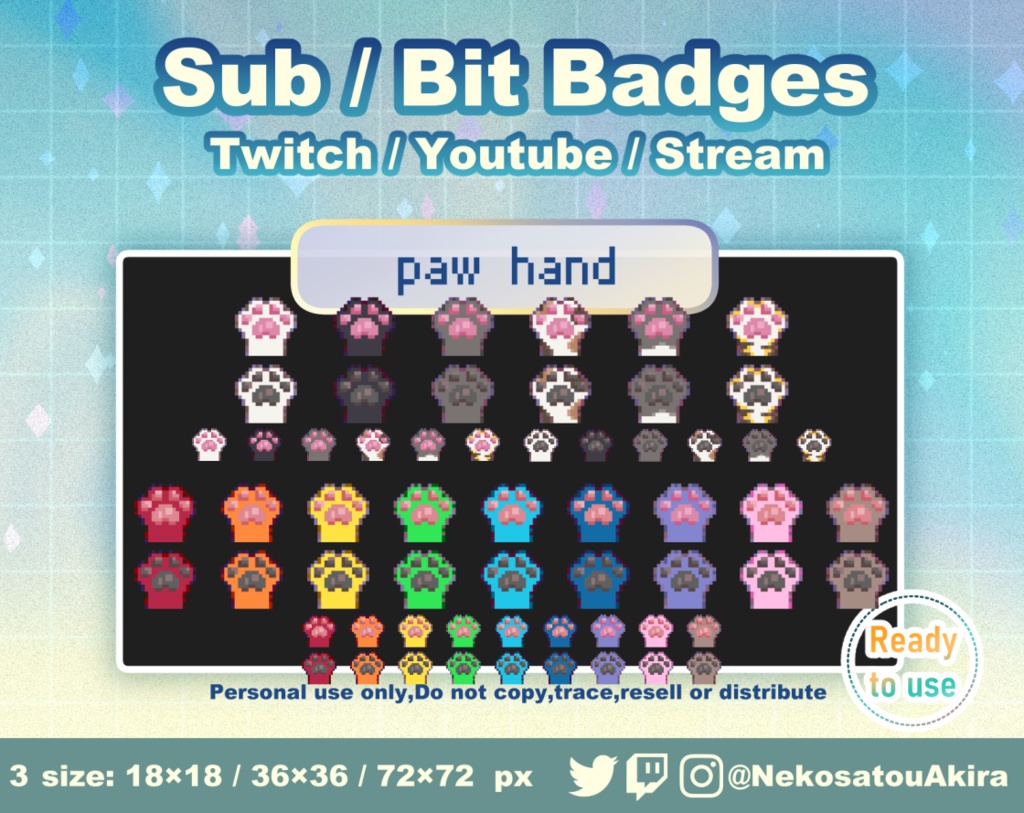 ドット絵「ねこの手」バッジ Twitch Sub Badges x30 - Bit Badges / Pixel Art / Cute sub badges / Kawaii / Streamer