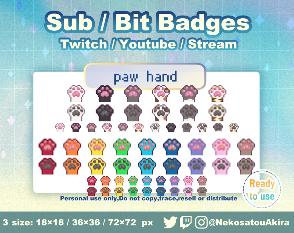 ドット絵「ねこの手」バッジ Twitch Sub Badges x30 - Bit Badges / Pixel Art / Cute sub badges / Kawaii / Streamer