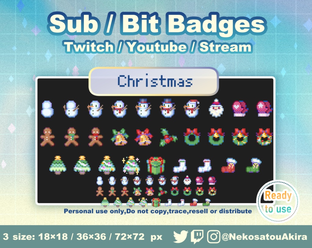 【期間限定無料配布】ドット絵「クリスマス」バッジ Twitch Sub Badges x29 - Bit Badges / Pixel Art / Cute sub badges / Kawaii / Streamer