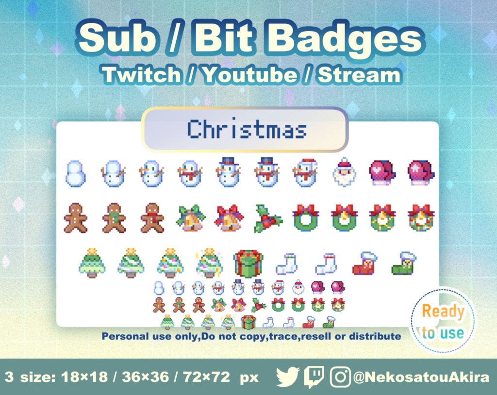 【期間限定無料配布】ドット絵「クリスマス」バッジ Twitch Sub Badges x29 - Bit Badges / Pixel Art / Cute sub badges / Kawaii / Streamer