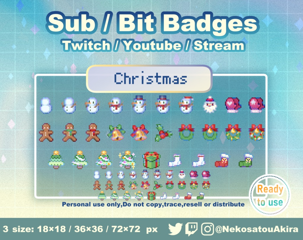 【期間限定無料配布】ドット絵「クリスマス」バッジ　Twitch Sub Badges x29 - Bit Badges / Pixel Art / Cute sub badges / Kawaii / Streamer